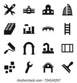 16 vector icon set : pencil wrench, mansion, skyscraper, brick, city, bridge, stairs, repair, arch, water tap, window, barn, scraper