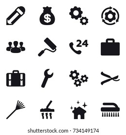 16 vector icon set : pencil, money bag, gear, around gear, group, repair, suitcase iocn, suitcase, gears, pruner, rake, vacuum cleaner, house cleaning, brush