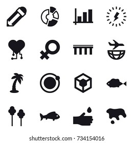 16 vector icon set : pencil, circle diagram, graph, lightning, cardio chip, bridge, palm, trees, fish, hand drop, spot