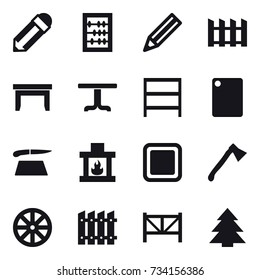 16 vector icon set : pencil, abacus, fence, table, rack, cutting board, fireplace, axe, wheel, farm fence, spruce