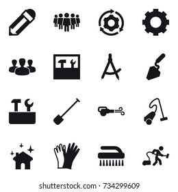 16 vector icon set : pencil, team, around gear, gear, group, tools, draw compass, construction, repair tools, shovel, blower, vacuum cleaner, house cleaning, gloves, brush