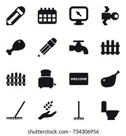 16 vector icon set : pencil, calendar, monitor arrow, satellite, chicken leg, water tap, fence, toaster, welcome mat, rake, harvest, toilet