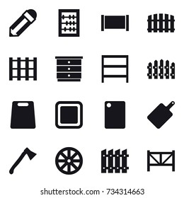 16 vector icon set : pencil, abacus, fence, chest of drawers, rack, cutting board, axe, wheel, farm fence