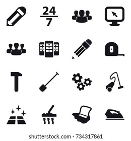 16 vector icon set : pencil, 24/7, group, monitor arrow, server, measuring tape, shovel, gears, vacuum cleaner, clean floor, floor washing, iron