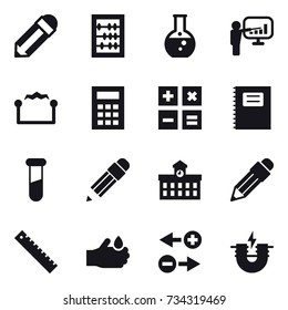 16 vector icon set : pencil, abacus, round flask, presentation, electrostatic, calculator, copybook, university, ruler