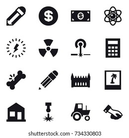 16 Vector Icon Set : Pencil, Dollar, Money, Atom, Lightning, Nuclear, Laser, Calculator, Gothic Architecture, Photo, Home, Tractor, Wiping