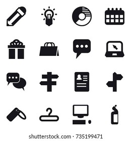 16 vector icon set : pencil, bulb, circle diagram, calendar, gift, shopping bag, message, notebook, discussion, singlepost, hanger, toilet cleanser