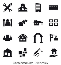 16 vector icon set : pencil wrench, mansion, skyscraper, bunker, minaret, houses, house with garage, panel house, building helmet, house, arch, home, housing