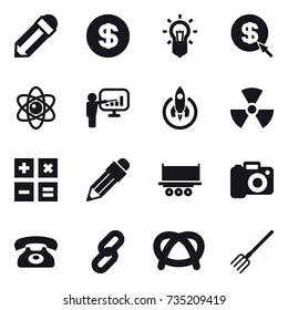 16 vector icon set : pencil, dollar, bulb, dollar arrow, atom, presentation, rocket, nuclear, calculator, camera, phone, fork