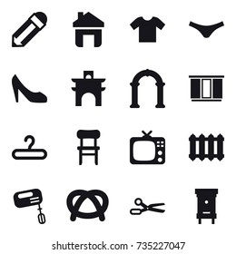 16 vector icon set : pencil, home, t-shirt, underpants, shoes, arch, wardrobe, hanger, chair, tv, radiator, mixer, scissors, hive