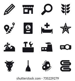 16 vector icon set : pencil, shop, passport, hospital, starfish, surfer, repair tools, cow, broom, microb, stack of towels