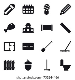 16 vector icon set : pencil, calendar, bulb, chicken leg, mansion, fence, ruler, plan, welcome mat, shovel, rake, acorn, toilet