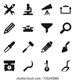16 vector icon set : pencil wrench, microscope, telescope, electrostatic, pencil, scales, funnel, construction, kitchen scales, sickle, thermometer, scoop