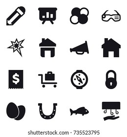 16 vector icon set : pencil, presentation, atom core, smart glasses, bang, home, loudspeaker, baggage trolley, compass, horseshoe, fish, hand dryer