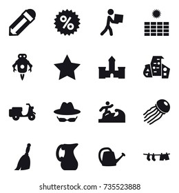 16 vector icon set : pencil, percent, courier, sun power, jet robot, star, castle, modern architecture, surfer, jellyfish, broom, jug, watering can, drying clothe