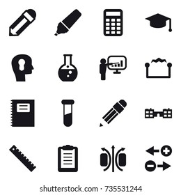 16 vector icon set : pencil, marker, calculator, graduate hat, bulb head, round flask, presentation, electrostatic, copybook, school, ruler