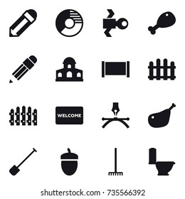 16 vector icon set : pencil, circle diagram, satellite, chicken leg, mansion, fence, welcome mat, shovel, acorn, rake, toilet