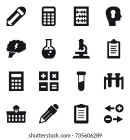 16 vector icon set : pencil, calculator, abacus, bulb head, brain, round flask, microscope, clipboard, university