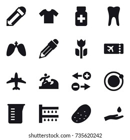 16 vector icon set : pencil, t-shirt, ticket, airplane, surfer, measuring cup, watering, potato, hand and drop