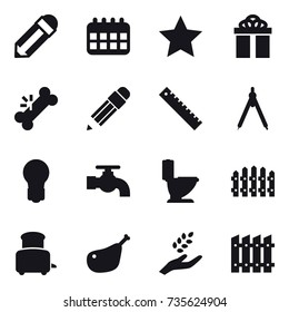 16 vector icon set : pencil, calendar, star, gift, ruler, drawing compass, bulb, water tap, toilet, fence, toaster, harvest
