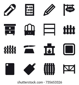 16 vector icon set : pencil, abacus, shop signboard, nightstand, dresser, rack, fence, cutting board, fireplace, barrel, farm fence