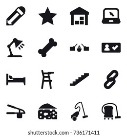 16 vector icon set : pencil, star, warehouse, notebook, table lamp, drawbridge, check in, bed, Chair for babies, stairs, garlic clasp, cheese, vacuum cleaner