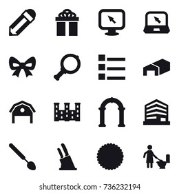 16 vector icon set : pencil, gift, monitor arrow, notebook, bow, magnifier, list, warehouse, barn, palace, arch, big spoon, knife holder, toilet cleaning