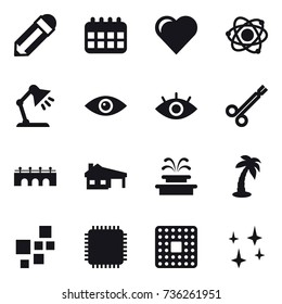 16 vector icon set : pencil, calendar, heart, atom, table lamp, bridge, house with garage, fountain, palm, shining