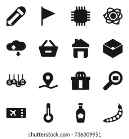 16 vector icon set : pencil, flag, chip, atom, cloude service, remove from basket, home, box, sale, ticket, thermometer, peas
