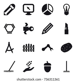 16 vector icon set : pencil, monitor arrow, diagram, bulb, hex molecule, satellite, lipstick, draw compass, fence, rake, harvest, acorn