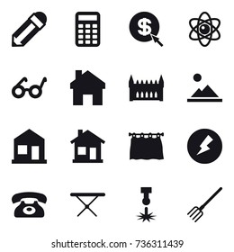 16 vector icon set : pencil, calculator, dollar arrow, atom, home, gothic architecture, landscape, curtain, electricity, phone, iron board, fork