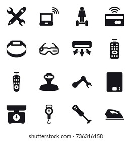 16 vector icon set : pencil wrench, notebook wireless, hoverboard, tap to pay, smart bracelet, smart glasses, air conditioning, remote control, kitchen scales, handle scales, iron