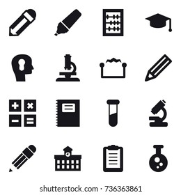 16 vector icon set : pencil, marker, abacus, graduate hat, bulb head, microscope, electrostatic, calculator, copybook, university