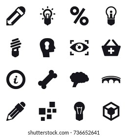 16 vector icon set : pencil, bulb, percent, bulb head, eye identity, add to basket, info, bridge