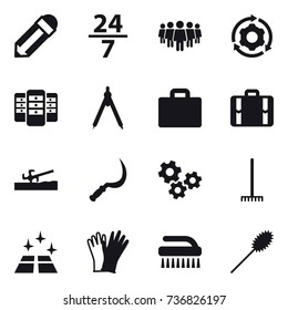 16 vector icon set : pencil, 24/7, team, around gear, server, drawing compass, suitcase iocn, suitcase, soil cutter, sickle, gears, rake, clean floor, gloves, brush, duster