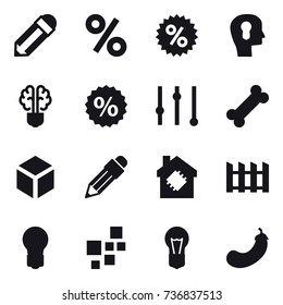 16 vector icon set : pencil, percent, bulb head, bulb brain, equalizer, 3d, smart house, fence, bulb, eggplant