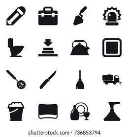 16 vector icon set : pencil, construction, toilet, kettle, cutting board, skimmer, knife, broom, sweeper, foam bucket, sponge, dish cleanser, plunger