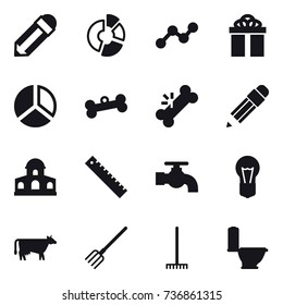 16 vector icon set : pencil, circle diagram, graph, gift, diagram, bone, mansion, ruler, water tap, cow, fork, rake, toilet