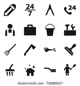 16 vector icon set : pencil, 24/7, drawing compass, suitcase iocn, bucket, repair tools, fork, axe, blower, scraper, vacuum cleaner, house cleaning, brush, woman with pipidaster