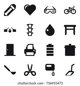 16 vector icon set : pencil, heart, smart glasses, bike, drawbridge, drop, stool, door, pan, ladle, scissors, scoop