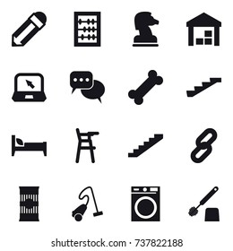16 vector icon set : pencil, abacus, chess horse, warehouse, notebook, discussion, stairs, bed, Chair for babies, vacuum cleaner, washing machine, toilet brush