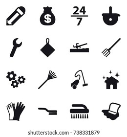 16 vector icon set : pencil, money bag, 24/7, rag, soil cutter, fork, gears, rake, vacuum cleaner, house cleaning, gloves, brush, floor washing