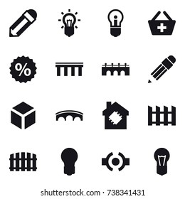 16 vector icon set : pencil, bulb, add to basket, percent, bridge, 3d, smart house, fence