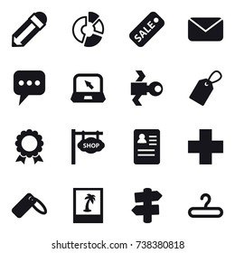 16 vector icon set : pencil, circle diagram, sale, mail, message, notebook, satellite, label, medal, shop signboard, photo, signpost, hanger