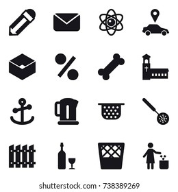 16 vector icon set : pencil, mail, atom, car pointer, box, percent, church, kettle, colander, skimmer, fence, wine, trash bin, garbage bin