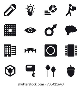 16 vector icon set : pencil, bulb, diagram, courier, cpu, houses, bridge, ring button, trees, acorn