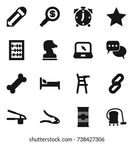 16 vector icon set : pencil, dollar magnifier, alarm clock, star, abacus, chess horse, notebook, discussion, bed, Chair for babies, garlic clasp, walnut crack, vacuum cleaner