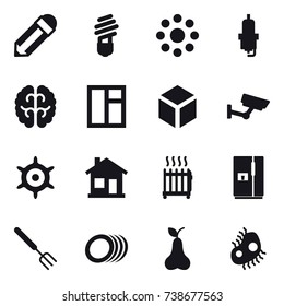 16 vector icon set : pencil, bulb, round around, spark plug, window, 3d, surveillance, handwheel, home, radiator, fridge, big fork, pear, microb