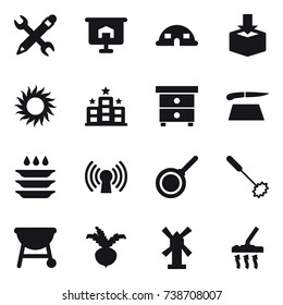 16 vector icon set : pencil wrench, presentation, dome house, sun, hotel, nightstand, cutting board, plate washing, pan, whisk, beet, windmill, vacuum cleaner