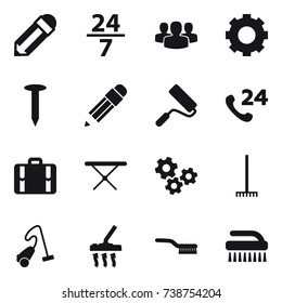 16 vector icon set : pencil, 24/7, group, gear, nail, repair, suitcase, iron board, gears, rake, vacuum cleaner, brush